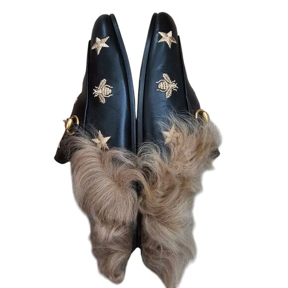 Gucci Princetown Horsebit Bee Mule Flat Fur Lined Size 36 US 6 Black Leather - Picture 4 of 8